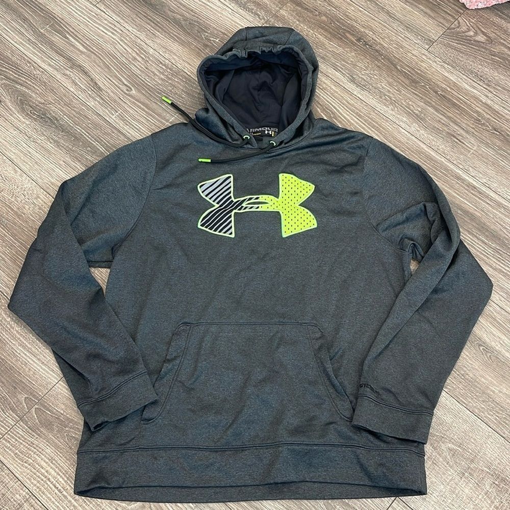 Under Armour Hooded Charcoal Grey/Lime Green Logo Hooded Sweatshirt Size Large